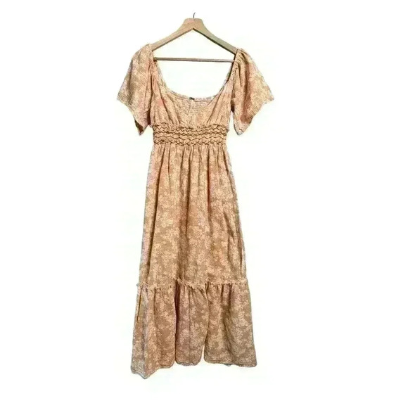 Free People Dresses & Skirts - Free People Ellis Neutral Peasant Smocked Dress Size Small Boho Maxi Cottagecore